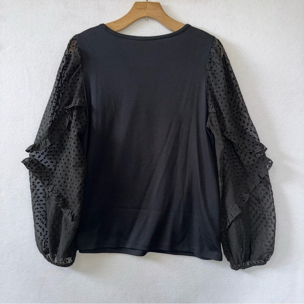 Loft Black Long Sleeve with Clip Dot Ruffle Top Size Large Petite - Picture 2 of 5